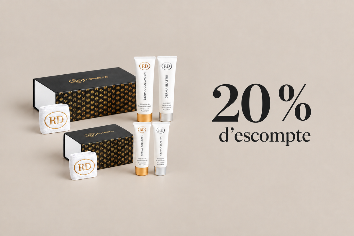 Bannière RD COSMETIC sur fond taupe clair