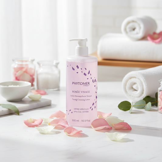 Lotion Démaquillante Tonique Rosée PHYTOMER 500ml - Ambiance spa luxueuse avec pétales de rose