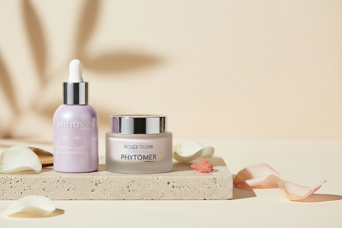 Visuel Rosée Glow et Rosée Soin avec pétales de rose
